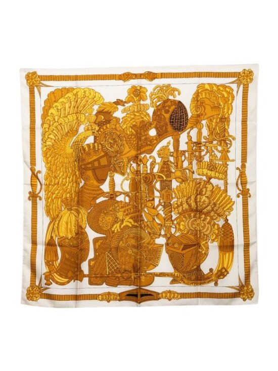 Hermes Accessories - Hermes Carre 90 Armets En Panache Feathered Helmet Scarf Large Ivory Gold Silk
